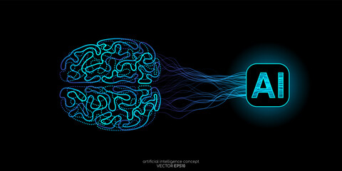 Vector illustration left right human brain blue light and neural network wavy line isolated on black background in concept of A.I. artificial intelligence technology, machine learning, neuroscience