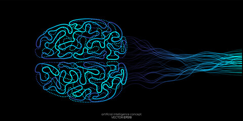 Vector illustration left right human brain blue light and neural network wavy line isolated on black background in concept of A.I. artificial intelligence technology, machine learning, neuroscience