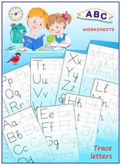 Wall Mural - Cover for kids school workbook with exercises. Learn to trace alphabet letters. Back to school. ABC book with educational pages on line for children. Illustration of two cute frogs learning to write.