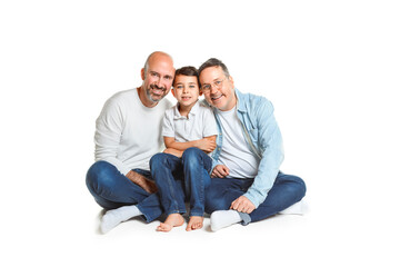 Wall Mural - Two man couple with adopted child on white background