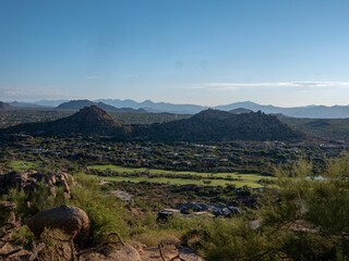 Sticker - Aerial view of town in valley with mansions, roads, golf course in  Fountain Hills,  Arizona, USA.