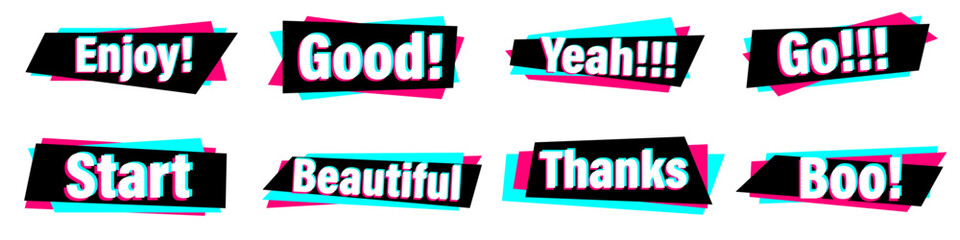 Wall Mural - Set of stickers for a popular social network. Black - blue  - pink sticker on white background. Modern advertising social media design.