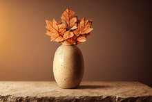 Beautiful Ceramic Pot, Vase With Autumn Branches On Natural Stone Background. 3d Illustration. 