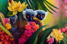 Cute Realistic Lemurs On A Tree In A Tropical Jungle Full Of Exotic Flowers And Leaves. Amazing Tropical Flower Pattern For Print, Web, Greeting Cards, Wallpapers, Wrappers. Digital Art