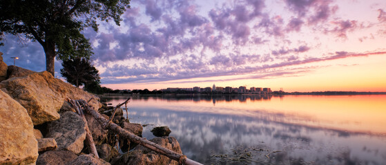 Wall Mural - Sunrise reflecting in the water of Lake Monona, Madison, WI. 