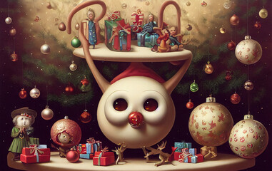 Wall Mural - Strange funny cartoon character with christmas gifts