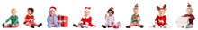 Collage Of Cute Babies In Christmas Costumes, With Gifts And Balls On White Background