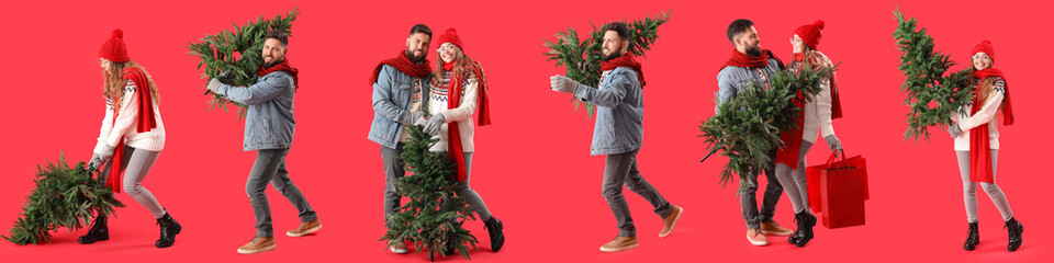 Sticker - Set of people with Christmas trees on red background