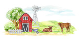 Fototapeta Pokój dzieciecy - Countryside landscape with farm animals. Watercolor illustration. Green field, red barn, bushes, wind mill, tree cows elements. Country green meadow with barn and domestic farm cows