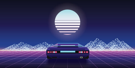 80s retrowave background, 3d vector illustration. Retro video racing game concept. Futuristic car drive through neon abstract cyberspace with perspective grid