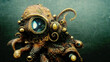 retro sci-fi fantasy illustration: mechanical octopus  in steampunk style floating underwater made with generative AI