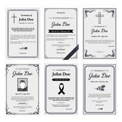 condolence obituary card layout. in loving memory of, funerals invitation cover with black ribbon co