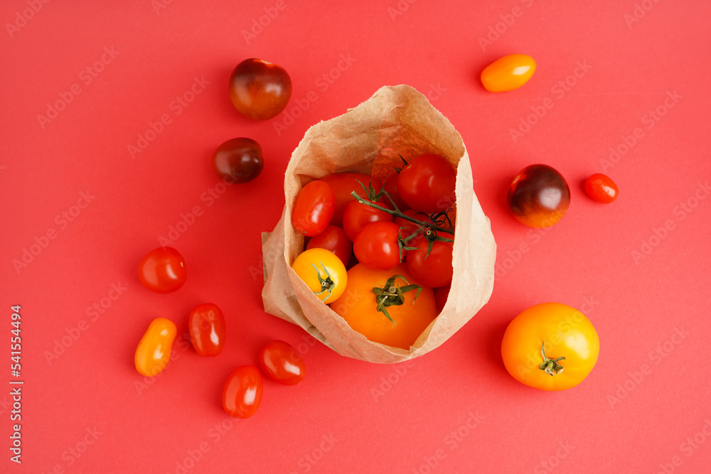 Paper bag with fresh tomatoes on color background