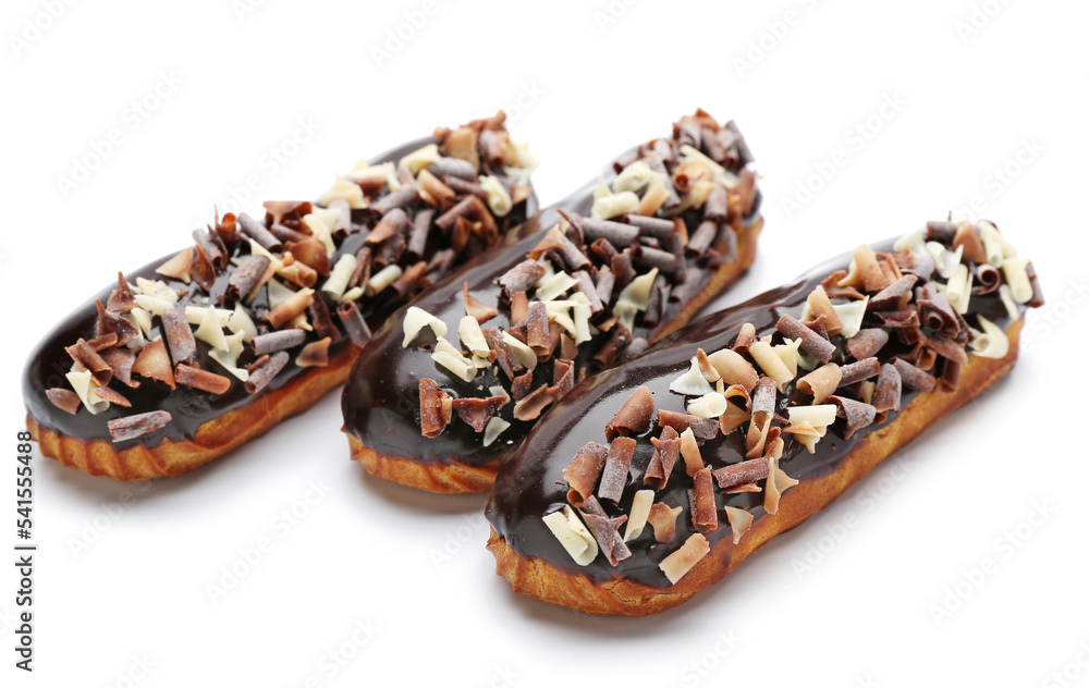 Sweet chocolate eclairs isolated on white background