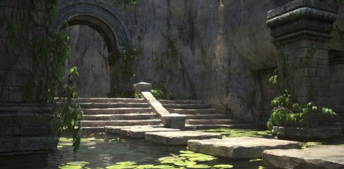 Wall Mural - Ruins of the sacred temple with green vegetation. Beautiful natural wallpaper. 3D illustration.