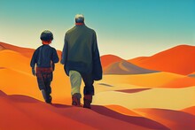 AI Generated Hyper Realistic Illustration Of A Man And A Child Walking In The Desert