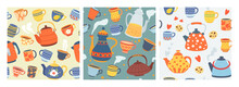Teapots And Cups Pattern. Vintage Teacups, Decorative Kettles And Kitchen Crockery Seamless Vector Backgrounds Set
