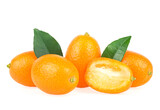 Fototapeta  - Fresh kumquat fruits with green leaves isolated on a white background. Delicious and juicy kumquat fruits.