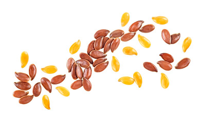 Wall Mural - Dried brown and yellow flax seeds isolated on a white background, top view.