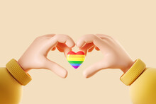 Cartoon Hands Show Heart Gesture With Lgbt Flag. The Concept Of Love And Tolerance. 3d Rendering