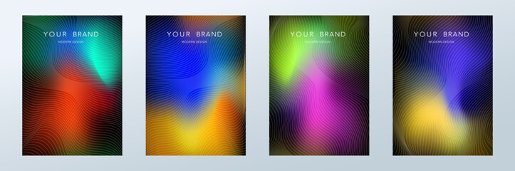 Poster - Futuristic dark poster designs with trendy glowing soft gradient shapes and line pattern, guilloche curves. Premium vector template for invite, makeup catalog, brochure template, flyer