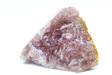 Close-up macro pink aventurine, strawberry quartz raw crystal stone, pink quartz with lepidolite mica inclusions isolated on a white background surface 