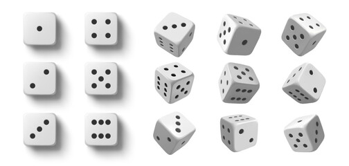 Rolling dice. White roll cubes for gamble games, top view dice sides and falling 3D angles lucky craps realistic vector objects set