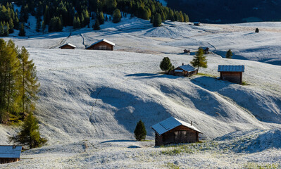 Alpe di Siusi - Seiser Alm with snow during sunrise