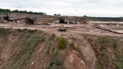 Poster - Mining truck transportation of loosened rock mass. Haulage and transportation of rocks in open-pit mine. Haul truck in sand quarry. Lorry in opencast. Bulk construction supplies in Mining industry.
