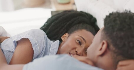 Poster - Morning, love and black couple relax in bed bonding, talking and cuddle together. Affection, relationship and loving black man and woman laughing, speaking and have conversation in bedroom on weekend