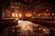 Wide panoramic view of the bar area in a fantasy medieval tavern, interior, art illustration