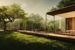 Terrace of a wooden house with glass doors and access to a summer garden with green grass and trees 3d illustration