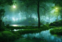 Jungle With Green Vines And Tropical Trees With A Lake In The Moonlight At Night 3d Illustration
