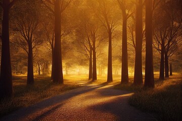 Poster - Forest with large trees, bushes and a path flooded with sunlight 3d illustration