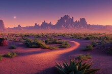 Desert Landscape At Night With Arid Sandy Land, With Aloe And Dark Mountains And Stones On The Horizon 3d Illustration