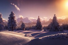 Landscape In A Winter Forest With A Rocky Mountain Range And Snowdrifts Covered With White Snow, Coniferous Trees And Bushes Under A Blue Sky With Clouds 3d Illustration