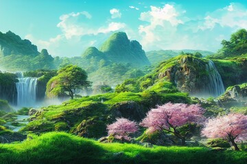 Wall Mural - Mountain green valley with a forest, a path to the mountains, flowering trees and a waterfall on the rocks under the sun in the sky 3d illustration