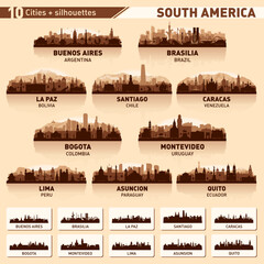 Fototapete - City skyline set. 10 city silhouettes of South America