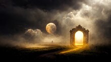 Portal To Another World, Magical Realism, Parallel World, Ancient Runes, Relics. Wooden Gate In Dim Clouds In An Empty Room. 3D Render. Raster Illustration.