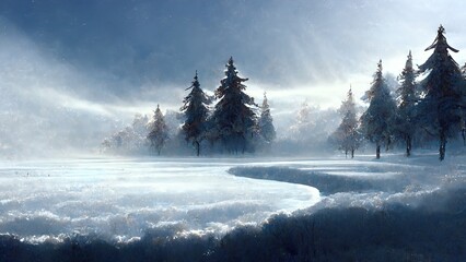 Fantasy winter landscape. Winter snowy park. Trees in the snow, a frozen river, snowdrifts and ice. 3D illustration.