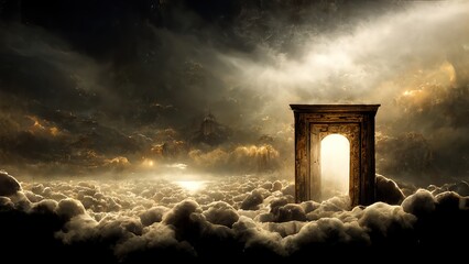 Portal to another world, magical realism, parallel world, ancient runes, relics. Wooden gate in dim clouds in an empty room. 3D render. Raster illustration.