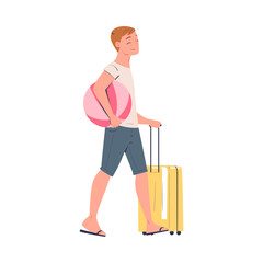 Poster - Walking Man Character with Suitcase and Ball Going on Summer Vacation Having Journey Vector Illustration