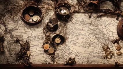 Wall Mural - Old treasure map, coins, wind rose, compass. 3D illustration.