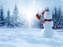 Cute Smiling Snowman With Red Scarf And Hat With A Broom In His Hand.Winter Fairytale.Merry Christmas And Happy New Year Greeting Card With Copy-space