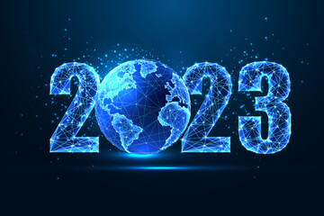 Wall Mural - Futuristic 2023 New Year digital web banner with glowing 2023 digits and planet Earth globe on blue