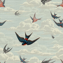 Wallpaper Pattern Vintage Sentuno Birds Fly In The Clouds Blue Sky