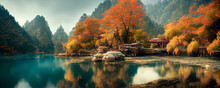 Mysterious Mountain Lake With Turquoise Water In The Autumn Day. Zen Lake. Beautiful Reflection Of Mountains And Autumn Foliage Panoramic View Of Mountain Lake. 