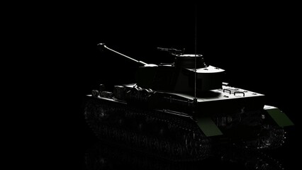 Wall Mural - Metallic deep green military tank on black lighting background. Concept image of power strength, dynamic strategy and strong system. 3D illustration. 3D high quality rendering.  