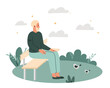 Unemployed sits in park. Man sits on bench and looks at birds. Character without permanent residence. Financial crisis, bankruptcy and money loss. Poster or banner. Cartoon flat vector illustration