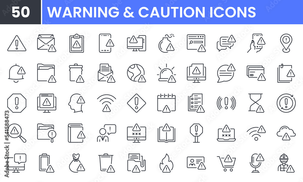Notification Problems Icon Warning and Caution vector line icon set. Contains linear outline icons ...